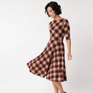 Cozy Fall Plaid 3/4 Sleeve Midi Dress